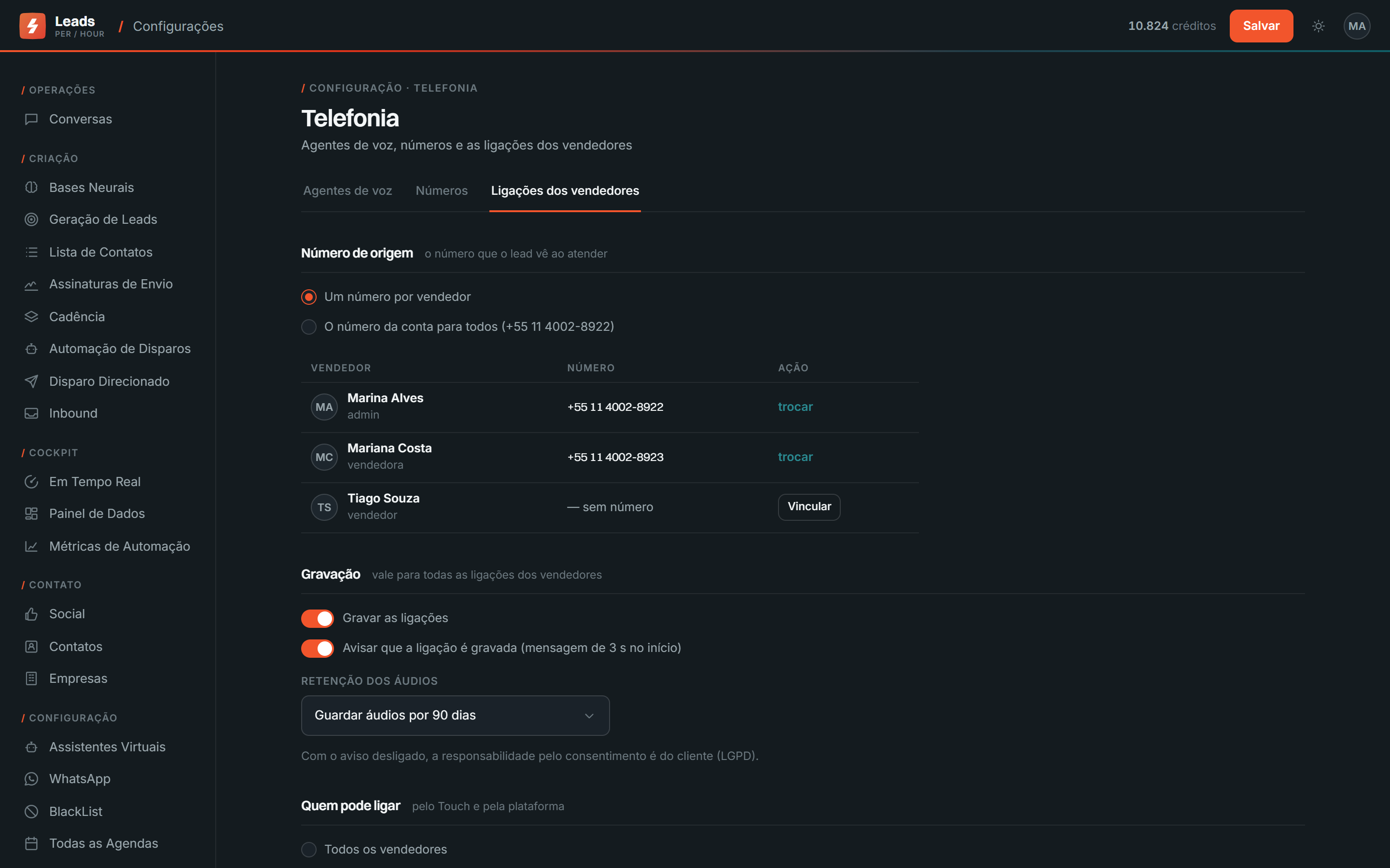 Tela: Configuração - Telefonia