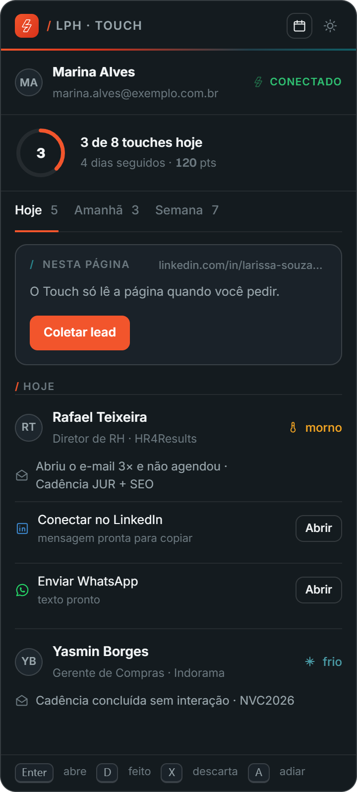 Tela: o painel do Touch pronto para coletar, com o botão Coletar lead